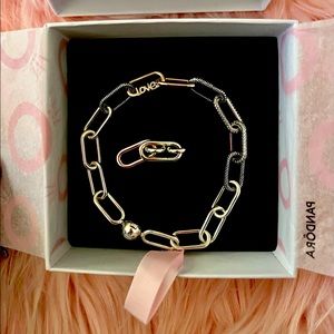 Pandora Link Chain Bracelet w/ extender. Silver w/ rose gold link.